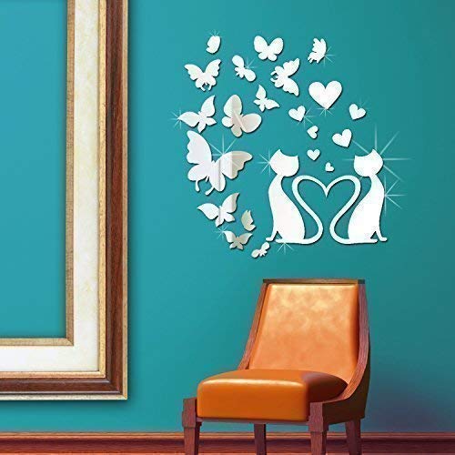 Entfernbarer selbstklebend Wand Sticker Katze Spiegel Kunst Plus Schmetterlinge Wandkunst Aufkleber Vinyl Wohndeko DIY Wohnzimmer Schlafzimmer Dekor Tapete Kinderzimmer Geschenk 80x80 cm, silber von WALPLUS