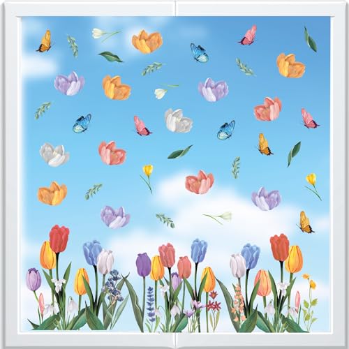 WALPLUS 105 Stück Fenstersticker Fensterbilder Selbstklebend Kinderzimmer Frühling Deko Interieur DIY Blühende Aquarelltulpen mit Schmetterlingen von WALPLUS