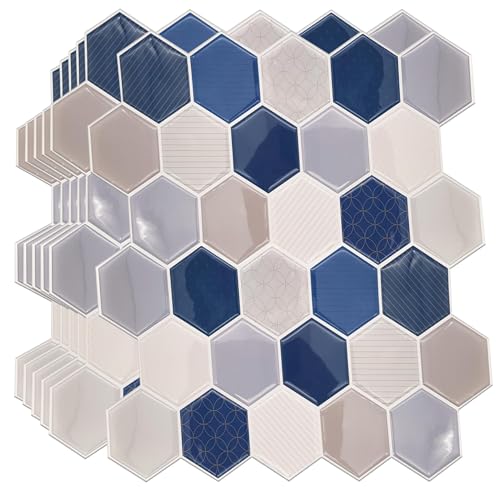 WALPLUS 12 Stück 30.5x15.4cm Honey Hexa Blue and Cream Klebefliesen Bad Wandfliesen Selbstklebend Fliesen Selbstklebend 3D Fliesenaufkleber küche Bad Mosaikfliesen von WALPLUS