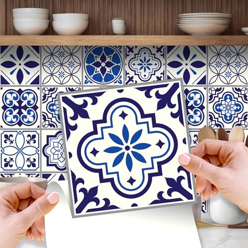 WALPLUS 120 Stück 15x15cm Spanisch & Marokkanisch Blau Weiß Wandfliesen Aufkleber Schälen und Kleben Backsplash Abziehbilder Startseite Dekore Aufkantung für Küche Badezimmer Kacheln Farbe auf Wand von WALPLUS