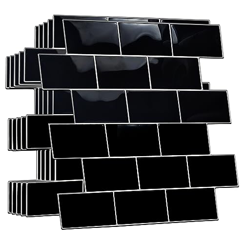 WALPLUS 20Pcs 3D Fliesenaufkleber 30.5x15.4cm Mosaikfliesen Selbstklebend Glänzende Klebefliesen Küche Wasserfeste Fliesenaufkleber Bad Epoxidharz Finish Klebefliesen Schwarz Metro für Bad und Küche von WALPLUS