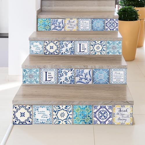 WALPLUS 24 Stück 15x15cm Englisches Zitat Vintage Blau Grün Gelb Wandfliesen Aufkleber Schälen und Kleben Backsplash Abziehbilder Startseite Dekore Aufkantung für Küche Badezimmer Kacheln Farbe auf von WALPLUS