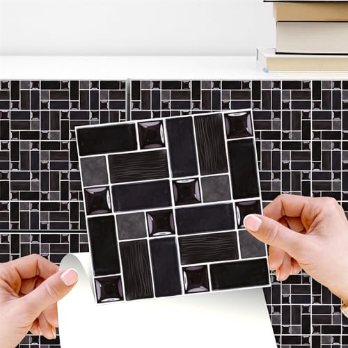 WALPLUS 24 Stück 15x15cm Glänzendes schwarzes Porzellanmosaik Schwarz Grau Wandfliesen Aufkleber Schälen und Kleben Backsplash Abziehbilder Startseite Dekore Aufkantung für Küche Badezimmer Kacheln von WALPLUS