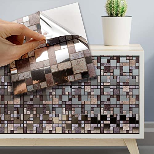 WALPLUS 24 Stück 15x15cm Metallisch Silber Braun Steinmosaik Brown Aluminium Folie Wandfliesen Aufkleber Abziehen und Kleben Backsplash Abziehbilder Startseite Dekore Aufkantung für Küche Badezimmer von WALPLUS