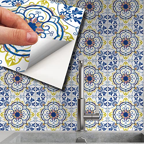 WALPLUS 24 Stück 15x15cm Porto Blue and Yellow Azulejo Wandfliesen Aufkleber Küchenrückwand Selbstklebende Fliesen Küche Bad Dekoration Fliesenfolie Fliesenabziehbilder von WALPLUS