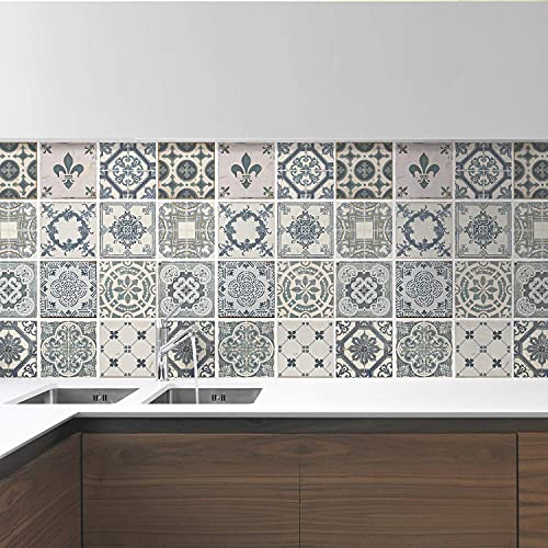 WALPLUS 24 Stück 15x15cm Vintage Blau Azulejo Creme Grau Wandfliesen Aufkleber Schälen und Kleben Backsplash Abziehbilder Startseite Dekore Aufkantung für Küche Badezimmer Kacheln Farbe auf Wand von WALPLUS