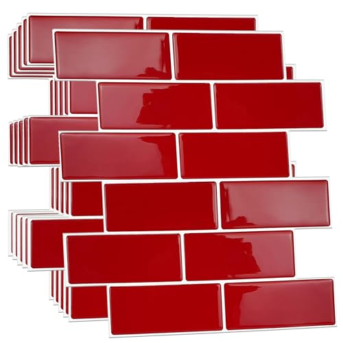 WALPLUS 3D Fliesenaufkleber Küche Selbstklebende Wandfliesen Einfache Installation 30.5x30.5cm Epoxid-Finish Fliesen Überkleben für Bad Küche Rot Renovierung alter Fliesen (6er-Pack) von WALPLUS