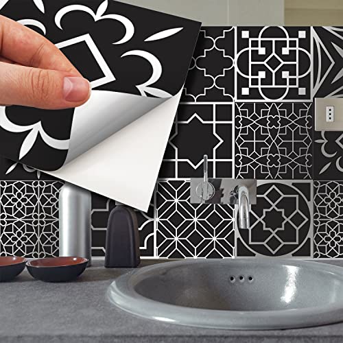 WALPLUS 48 Stück 15x15cm Arabisch Schwarz und Silber Black Aluminium Folie Wandfliesen Aufkleber Abziehen und Kleben Backsplash Abziehbilder Startseite Dekore Aufkantung für Küche Badezimmer Kacheln von WALPLUS