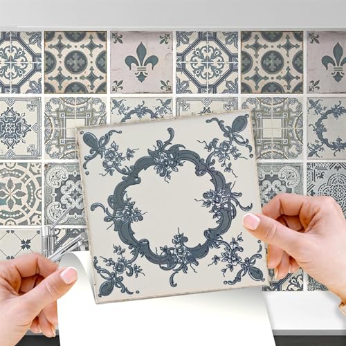 WALPLUS 48 Stück 15x15cm Vintage Blau Azulejo Creme Grau Wandfliesen Aufkleber Schälen und Kleben Backsplash Abziehbilder Startseite Dekore Aufkantung für Küche Badezimmer Kacheln Farbe auf Wand von WALPLUS