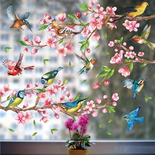WALPLUS 66 Stück Fenstersticker Fensterbilder Selbstklebend Kinderzimmer Frühling Deko Interieur DIY Kirschblüte Blumen Aquarell mit Vögeln auf dem Zweig von WALPLUS