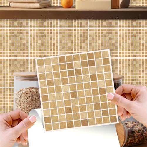 WALPLUS 72 Stück 15x15cm Boticcino Marmor Mosaik Braun Wandfliesen Aufkleber Schälen und Kleben Backsplash Abziehbilder Startseite Dekore Aufkantung für Küche Badezimmer Kacheln Farbe auf Wand Wohnen von WALPLUS