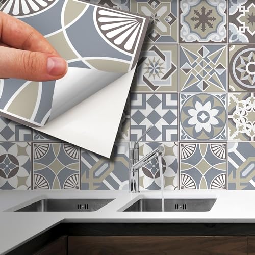 WALPLUS 72 Stück 15x15cm Kalkstein Spanisch Weiß Grau Sahne Wandfliesen Aufkleber Schälen und Kleben Backsplash Abziehbilder Startseite Dekore Aufkantung für Küche Badezimmer Kacheln Farbe auf Wand von WALPLUS