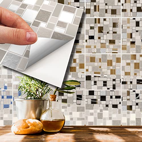 WALPLUS 72 Stück 15x15cm Metallic Silber Beige Steinmosaik Aluminium Folie Wandfliesen Aufkleber Abziehen und Kleben Backsplash Abziehbilder Startseite Dekore Aufkantung für Küche Badezimmer Kacheln von WALPLUS