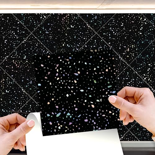 WALPLUS 72 Stück 15x15cm Terrazzo Holografischer Glitter Schwarz Black Aluminium Folie Wandfliesen Aufkleber Abziehen und Kleben Backsplash Abziehbilder Startseite Dekore Aufkantung für Küche von WALPLUS