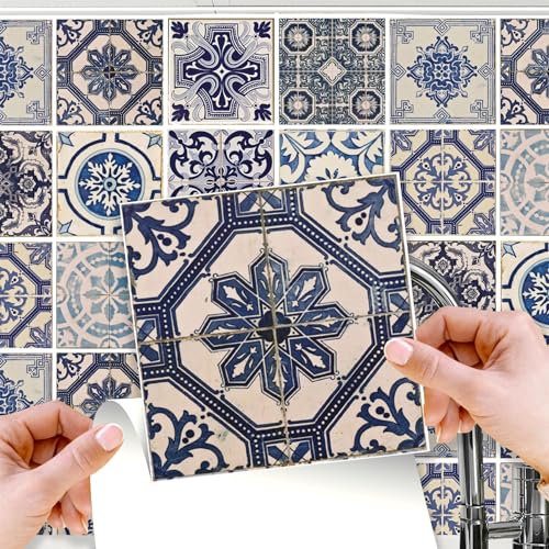 WALPLUS 96 Stück 15x15cm Malaga Spanisch Blau Wandfliesen Aufkleber Schälen und Kleben Backsplash Abziehbilder Startseite Dekore Aufkantung für Küche Badezimmer Kacheln Farbe auf Wand Wohnen Zimmer von WALPLUS