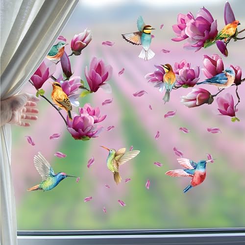 WALPLUS 88 Stück Fenstersticker Fensterbilder Selbstklebend Kinderzimmer Frühling Deko Interieur DIY Rosa Magnolienblüten mit Vögeln von WALPLUS