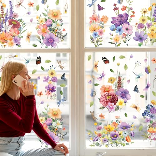 WALPLUS 44 Stück Fenstersticker Fensterbilder Selbstklebend Kinderzimmer Frühling Deko Interieur DIY Bunte Blumen mit Libellen und Schmetterlingen von WALPLUS