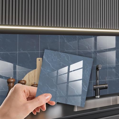 WALPLUS Fliesenaufkleber Küche Selbstklebende Wandfliesen Einfache Installation 15x15cm Epoxid-Finish Fliesen Überkleben für Bad Küche Stahlblau Marmor alter Fliesen (24er-Pack) von WALPLUS