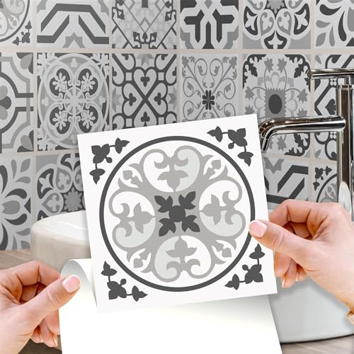 WALPLUS Novi Azulejo Wandfliesenaufkleber, selbstklebend, Vinyl, 15 cm, Hellgrau, 120 Stück von WALPLUS