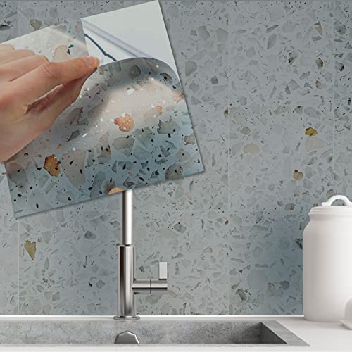 WALPLUS 24 Stück 15x15cm Marmor Terrazzo Metallisch Silber Beige Aluminium Folie Wandfliesen Aufkleber Abziehen und Kleben Backsplash Abziehbilder Startseite Dekore Aufkantung für Küche Badezimmer von WALPLUS