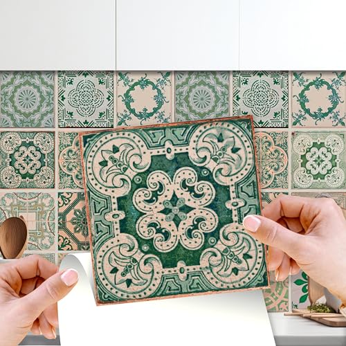 WALPLUS 96 Stück 15x15cm Vintage Grün Antik Azulejo Wandfliesen Aufkleber Schälen und Kleben Backsplash Abziehbilder Startseite Dekore Aufkantung für Küche Badezimmer Kacheln Farbe auf Wand Wohnen von WALPLUS