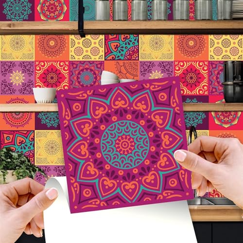 WALPLUS Fliesenaufkleber Küche 15x15cm Klebefolie Fliesenoptik Hitze- und Wasserbeständig Fliesenfolie Küche Abnehmbare Buntes Mandala Mehrfarbig Fliesen Sticker 24 Stück von WALPLUS