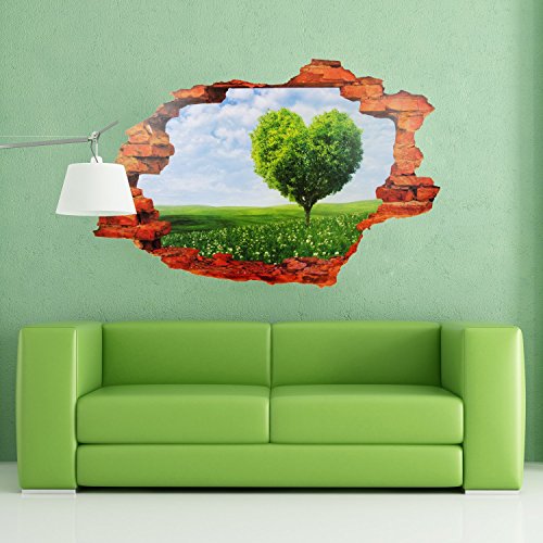 Walplus Wandaufkleber, selbstklebend, entfernbar, herzförmiger Baum mit Wiese, 3D, 90 x 60 cm, Mehrfarbig von WALPLUS