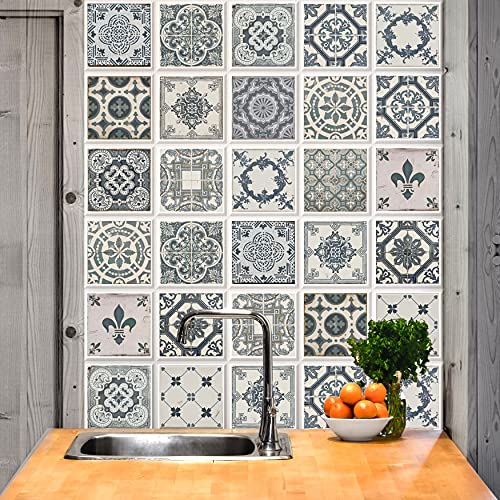 Walplus Wandaufkleber Ablösbar Selbstklebend Wandbild Kunst Aufkleber Home Dekoration Wohnzimmer Schlafzimmer Küche Tapete Geschenk Vintage Blau Azulejo Fliesen Wand Aufkleber 10 X 10 cm 24 Stück von WALPLUS