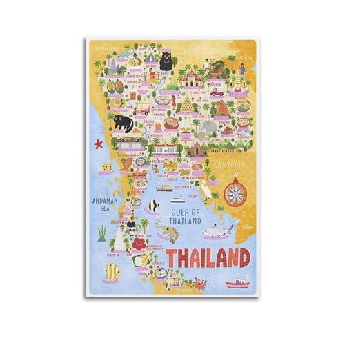WALS Landkarte Poster Asien Thailand Dekorative Leinwand Familie Schlafzimmer Kunstwerk Bild Gemälde 60 x 90 cm von WALS