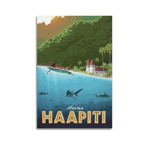 WALS Vintage Reiseposter Französisch-Polynesien Haapiti • Moorea Dekorative Leinwand Familie Schlafzimmer Kunstwerk Bild Gemälde 40 x 60 cm von WALS