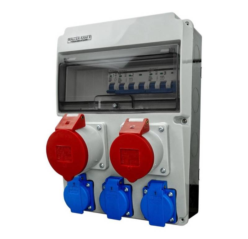 WALTER-KRAFT Stromverteiler Baustromverteiler LS-Schalter CEE 32A/16A 3x230 Bals Steckdosenverteiler (Leitungschutzschalter für CEE-Steckdosen 1 x C32A 3P 6kA, 1 x C16A 3P 6kA, Leitungschutzschalter für 230V Steckdosen 1 x C16A 1P 6kA), ausgestattet mit Bals Steckdosen von WALTER-KRAFT