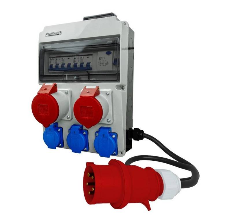 WALTER-KRAFT Stromverteiler FI LS Baustromverteiler Griff CEE 32A/16A 3x230 Bals Steckdosenverteiler (Leitungschutzschalter für CEE-Steckdosen 1 x C32A 3P 6kA, 1 x C16A 3P 6kA, Fi-Schalter 40A 30mA 4P Typ A RCCB, Leitungschutzschalter für 230V Steckdosen 1 x C16A 1P 6kA), ausgestattet mit Bals Steckdosen und einem Griff von WALTER-KRAFT