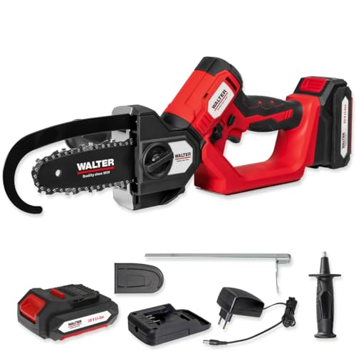 WALTER Akku-Kettensäge & Stichsäge 2-in-1 20V Li-Ion Bürstenloser Motor, schwenkbarer Kopf, 120 mm Schnittleistung Rückschlagschutz & Soft-Grip Für Holz Äste Baumzuschnitt | Akku & Schnellladegerät von WALTER