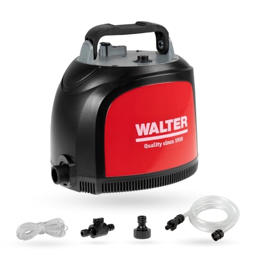 WALTER- Li-Ion Akku-Klarwasserpumpe 20V, Förderhöhe 12 m, Fördermenge 3500 l/h, mit eingebautem 4000 mAh-Akku, Betriebszeit ca. 30 min, 200 cm Wasserschlauch mit Schnellkupplung und Durchflussschalter von WALTER