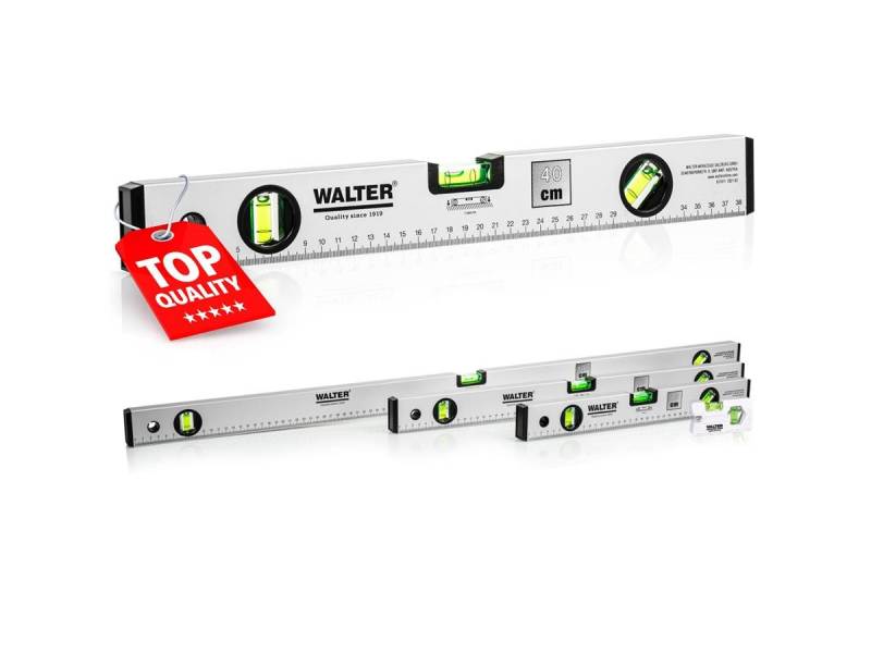 WALTER Wasserwaage 40, 60, 100 cm+ Mini, Mit 3 Libellen für präzise Messungen, angenehme Handhabung von WALTER