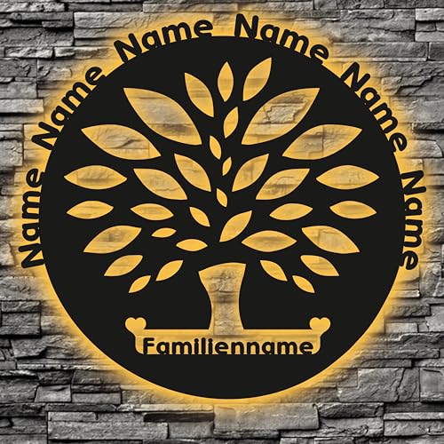 Waluna® LED Familienbaum personalisiert mit Namen und Familienname Lebensbaum Geschenk für Familie in 12 Holzarben von WALUNA