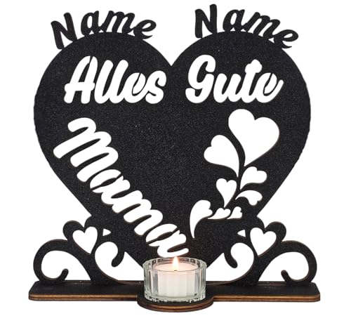 Waluna® Alles Gute Mama Muttertagsgeschenk Herz Teelichthalter personalisiert mit bis zu 4 Namen Herzen zum Muttertag Geburtstag mit Kerze in 12 Farben kerzenhalter von WALUNA