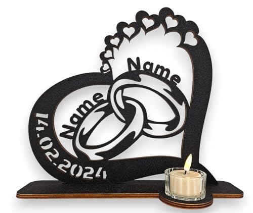 Waluna® Hochzeitsgeschenk Eheringe Liebesgeschenk personalisiert mit Namen und Datum Herz Individuelles Geschenk zur Hochzeit oder zum Jahrestag 12 Farben Tischdeko (Teelichthalter) von WALUNA