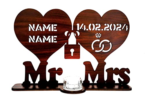 Waluna® Hochzeitsgechenk Mr Mrs für Brautpaar Liebesgeschenk Teelichthalter Hochzeitsdeko mit Zwei Namen und Datum Herzen zum Jahrestag Hochzeit mit Kerzen in 12 Farben von WALUNA