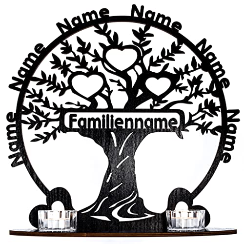 Waluna® Lebensbaum Teelichthalter personalisiert mit bis zu 6 Namen Familienbaum mit Familienname Stammbaum Kerzen in 12 Farben Tischdeko von WALUNA