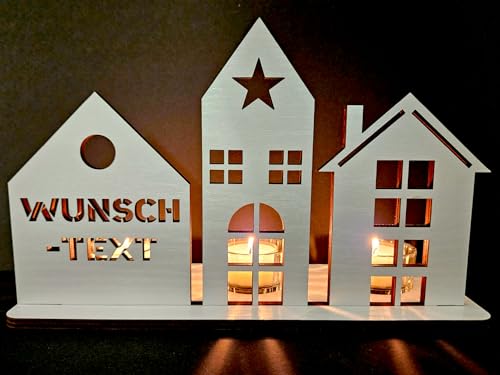 Waluna® Lichterstadt 3 Teelichthalter Mini Lichthaus aus Holz personalisiert mit Wunschtext oder Familienname 12 Farben Tischdeko von WALUNA