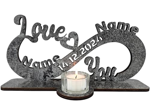 Waluna® Liebesgeschenk Love You personalisiert mit Zwei Wunschnamen und Datum Teelichthalter Unendlichkeitszeichen zum Jahrestag Hochzeit mit Kerzen in 12 Farben kerzenhalter Gechenk Tischdeko von WALUNA