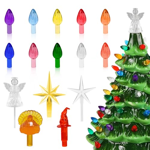 WAN2TLK Keramik-Weihnachtsbaum-Ersatzlampen-Set, 120 Stück in 10 Farben, Keramik-Baum-Ersatzbirnen und 1 Engel/fünfzackig/siebenspitz/Weihnachtsmütze/Truthahn-Stern-Verkleidung von WAN2TLK