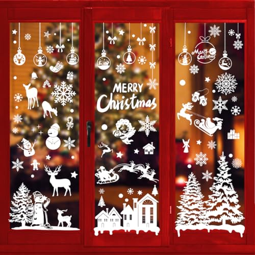 Fensterbilder Weihnachten Selbstklebend, Fenstersticker Fensteraufkleber Weihnachts Fensterdeko Groß, Wiederverwendbar PVC Weihnachtsdeko Schneeflocken Fensterbild Kinder Winter Fenster Tür Deko Weiß von WANAIR