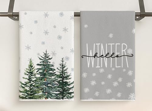 Geschirrtücher Weihnachten 2er Set, Küchentücher Weihnachtsbäume Küchenhandtücher Weiß Grau 41x63 cm, Geschirrtuch mit Weihnachts Motiven Bäume Schneeflocken Hello Winter Deko Polyester Handtücher Geschirrtücher Weihnachten 2er Set, Küchentücher Weihnachtsbäume Küchenhandtücher Weiß Grau 41x63 cm, Geschirrtuch mit Weihnachts Motiven Bäume Schneeflocken Hello Winter Deko Polyester Handtücher von WANAIR