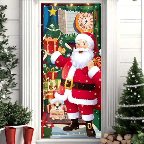 Weihnachtsdeko Tür Abdeckung, Weihnachten Dekoration Türdeko Weihnachtsmann Hängen Banner Hintergrund, Weihnachts Deko Türverkleidung Draußen Weihnachtsbanner für Haus Haustür Veranda 90 x 180 cm von WANAIR