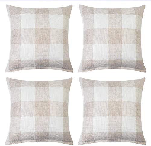 WANDER EU 4 Stück 45,7 x 45,7 cm Kissenbezug Büffel Plaid Schwarz Weiß Karo Kissen Classic Tartan Leinen Kissenbezug Sofa Schlafzimmer Auto (Beige & Weiß) von WANDER EU