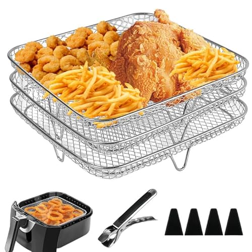 WANDGU Air Fryer Rack: 3PCS Quadratisch Air Fryer Tray mit 4 Silikonfüßen, 1 Pinzetten, Stapelbares Luftfritteusen Regal aus 304 Edelstahl für Airfryer Zubehör, Quadratisch Heißluftfritteuse von WANDGU