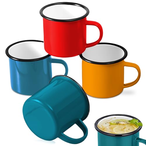 WANDGU Emaille Tasse 4er-Set: Emaille Camping Becher Set, Kaffeetassen Teetassen, Becher Retro, Trinkbecher Bürotasse, Tassenglas, Espressotassen, Weingläser für Daheim, Party, Büro, oder Camping von WANDGU
