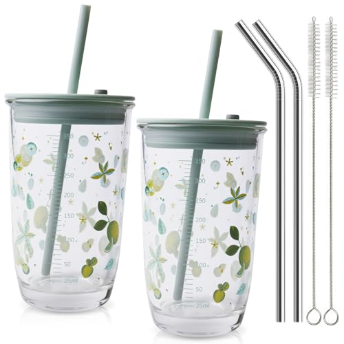 WANDGU Glas Trinkbecher mit Deckel und Strohhalm: 2er Set Kaffeebecher Luftdicht Wasserdicht, Smoothiebecher Inkl. 2x Strohhalm + Bürste, Spülmaschinenfest, für Cappuccino, Latte, Tee (Grün) von WANDGU